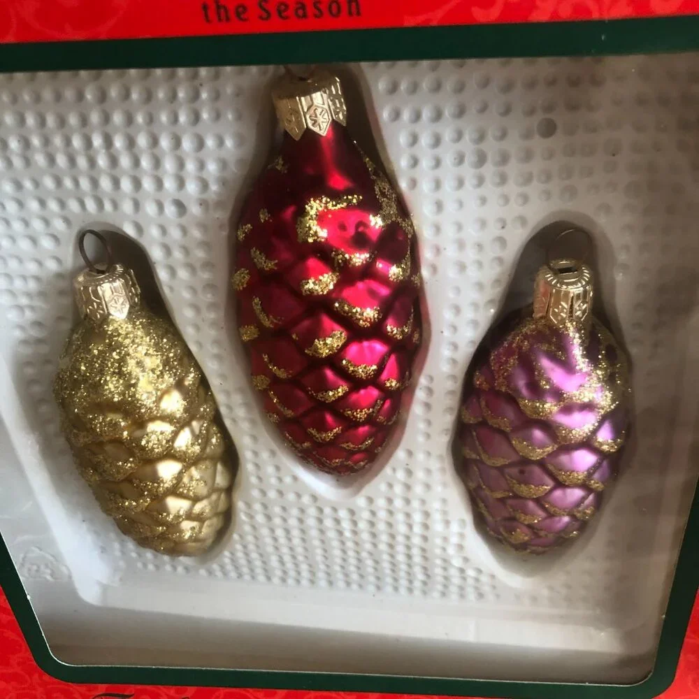 Christmas Glass Glitter Pinecone Ornaments Set of 7 Sears Roebuck Co. 1980